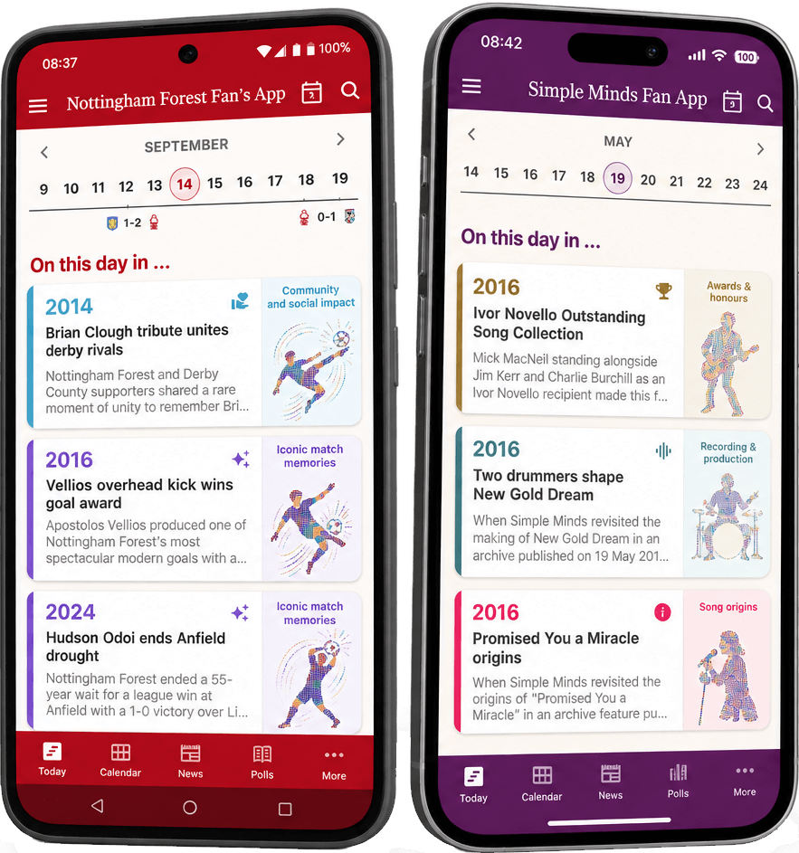 Nottingham Forest Fan’s App and Simple Minds Fan App shown on Android and iPhone smartphones